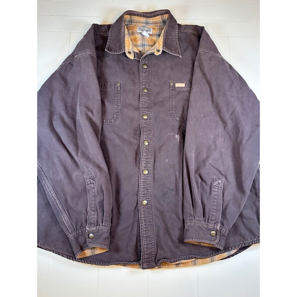 Carhartt Shirt Jacket Mens 2XL Brown Flannel Lined Canvas Workwear S96DKB